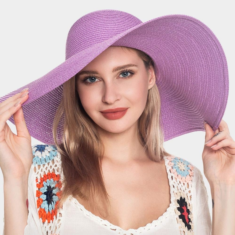 Purple Straw Sun Hat Brim Simple Casual Womens Beach Vacation Fashion Accessory